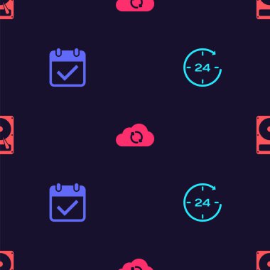 Saati 24 saat olarak ayarla, işaretli takvim, Bulut senkronizasyonu yenilenmesi ve sabit disk sürücüsü HDD 'yi kusursuz şablona ayarla. Vektör.