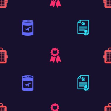 Köpek ya da kedi sertifikası, konserve yiyecekler, kedi ödül sembolü ve evcil hayvan çantası. Vektör.