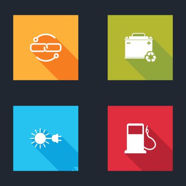 Zincir bağlantı hattını, geri dönüşümlü araba aküsünü, güneş prizini ve benzini veya benzin istasyonunun simgesini ayarla. Vektör.