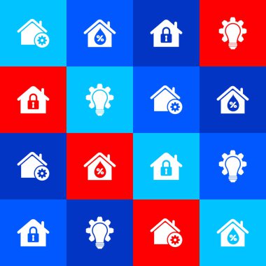 Akıllı ev ayarlarını, ev nemini, koruma altında ve ampul ve vites simgesini ayarlayın. Vektör.