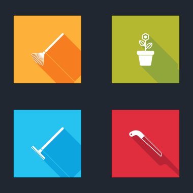 Yapraklar için bahçe tırmığı, saksıda çiçek ve bir simge hazırla. Vektör.