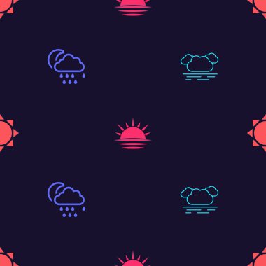 Bulut 'u, yağmur ve ayı, gün batımını ve kusursuz deseni ile ayarla. Vektör.