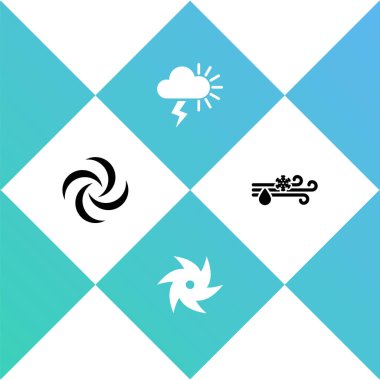 Kasırga, Fırtına ve Rüzgar 'ı ayarlayın ve kar ikonuyla yağmur yağdırın. Vektör.