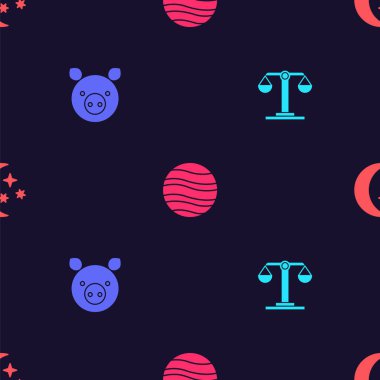 Terazi burcunu, Domuz 'u, Jüpiter gezegenini ve Ay' ı ve yıldızları kusursuz bir şekilde ayarla. Vektör.