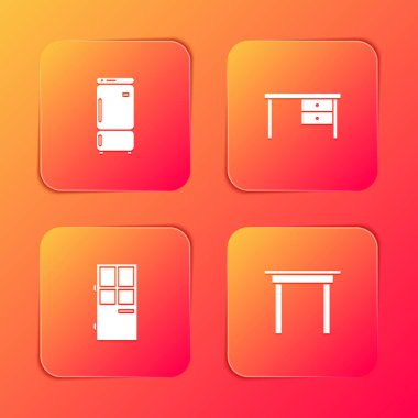 Buzdolabını, ofis masasını, kapalı kapıyı ve tahta masa simgesini ayarla. Vektör.