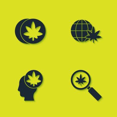 Bitkisel ecstasy hapları, büyüteç ve marihuana, kafa ve kenevir ve dünya ikonunu yasallaştırın. Vektör.