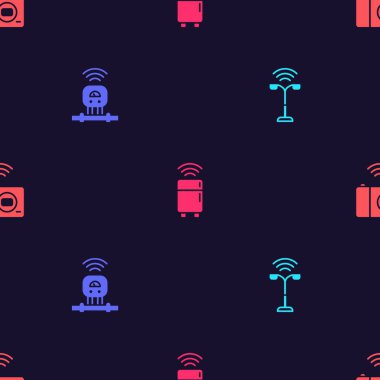 Smart sokak lambasını, sensörü, buzdolabını ve fotoğraf makinesini kusursuz şekilde ayarla. Vektör.