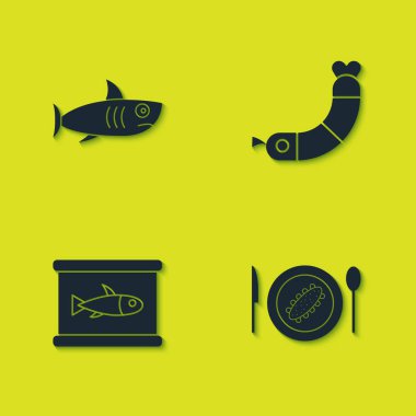 Köpek balığı, salatalık, konserve balık ve karides ikonu. Vektör.
