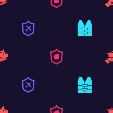 Can yeleği, kalkanlı uçak House ve Piggy kumbarası kusursuz desenli. Vektör.