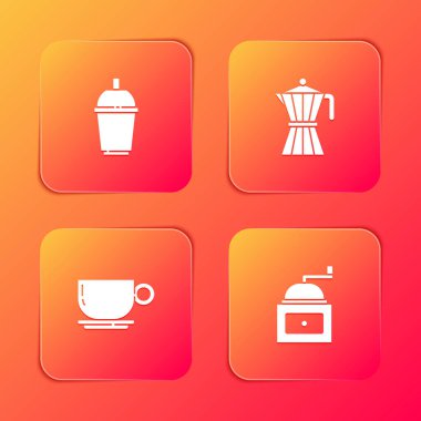 Kahve fincanını hazır et, kahve demliği ve manuel kahve öğütücü ikonu. Vektör.