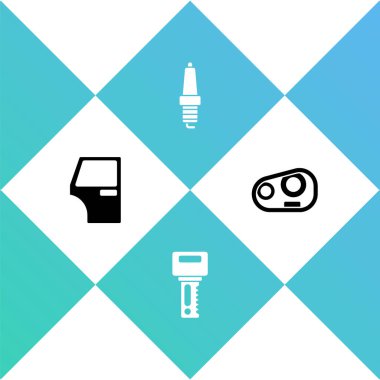 Araba kapısı, uzaktan kumandalı anahtar, buji ve far ikonu. Vektör