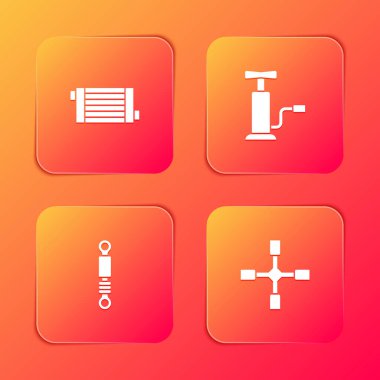 Araba radyatörü soğutma sistemi, hava pompası, şok emici ve tekerlek anahtarı simgesini ayarla. Vektör