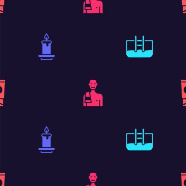 Yüzme havuzunu merdiven, Aroma mumu, sauna ve krem ya da losyon kozmetik tüpünü pürüzsüz desenle donatın. Vektör