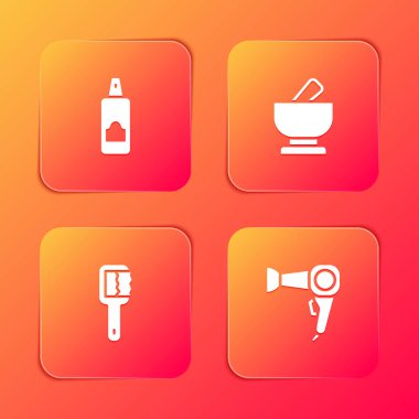 Saç spreyi, havan topu ve tokmak, sauna fırçası ve saç kurutma ikonu için sprey kutusu ayarlayın. Vektör