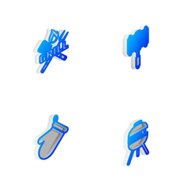 Izgara ızgarası, ketçap şişesi, biftek ve ikon hazırla. Vektör.