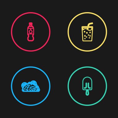 Taco 'yu tortilla, dondurma, cam su ve bir şişe ikon ile ayarla. Vektör.