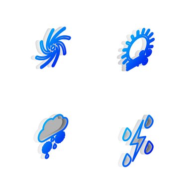 Isometric hattını ayarla Rüzgar ve güneş, Kasırga, Bulut ve kar yağışı ve fırtına ikonu. Vektör.