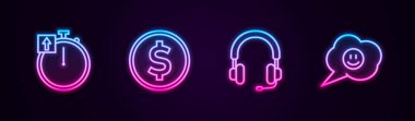 Çizgiyi Kronometre, dolarla bozuk para, kulaklıklar ve gülen surat. Parlayan neon ikonu. Vektör.