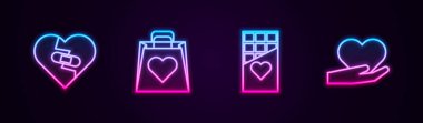 Sabit hat kırık kalbi, alışveriş torbası, çikolatalı çikolata ve kalp eli. Parlayan neon ikonu. Vektör.