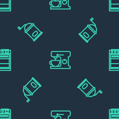 Elektrik karıştırıcı, manuel kahve öğütücüsü ve fırını kusursuz bir şekilde ayarla. Vektör.