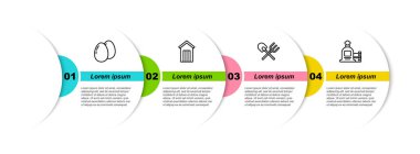 Tavuk yumurtası, ahşap tuvalet, kürek, tırmık ve tam çuval tahta kutu. Ticari bilgi şablonu. Vektör