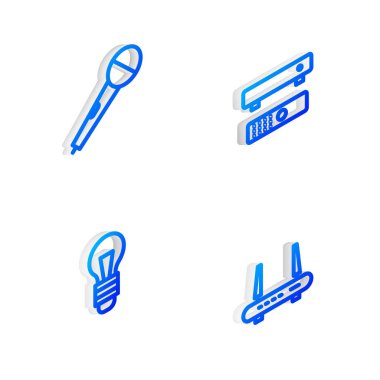 Isometric hattı Multimedia ve TV kutusu, Mikrofon, Ampul ve Router Wi-Fi sinyal simgesini ayarla. Vektör