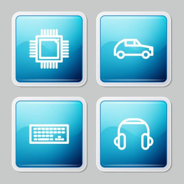 Hat işlemcisini mikro devreli işlemci, araba, klavye ve kulaklık ikonu ile ayarla. Vektör
