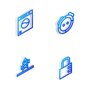 Isometric hattı robot elektrik süpürgesi, çamaşır makinesi, anten ve güvenlik kilidi ikonunu ayarla. Vektör