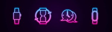 Smartwatch, Old hourglass, Clock konuşma balonu ve ayarlayın. Parlayan neon ikonu. Vektör