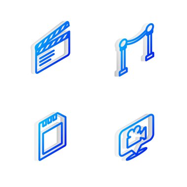 Isometric hattı ip bariyerini, film alkışını, SD kart ve kamera ve konum simgesini ayarla. Vektör