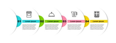 Reçel kavanozunu ayarla, tepsiyle kaplı, ölçü kabı ve gaz sobasıyla. Ticari bilgi şablonu. Vektör