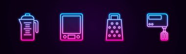 Çaydanlık, Elektronik teraziler, Öğütücü ve Elektrik Karıştırıcı. Parlayan neon ikonu. Vektör