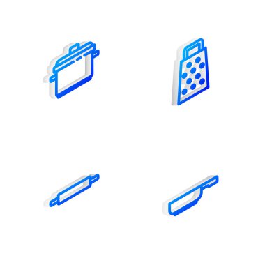 Isometric hattı rendesi, pişirme kabı, merdane ve kızartma tavası simgesini ayarlayın. Vektör