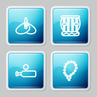 Sıraya dizilmiş Hint başlığı türbanı, Enstrüman tablası, tahta kriket sopası ve top ve tespih dini ikonu. Vektör