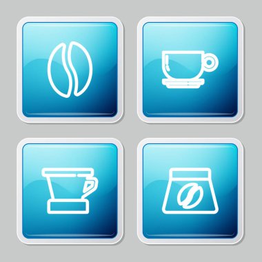 Kahve çekirdekleri, kahve fincanı, V60 kahve makinesi ve torba ikonu. Vektör