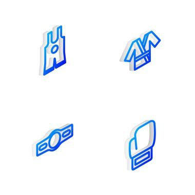 Isome marka Japon kostümlü kimono, güreş atleti, boks kemeri ve eldiven ikonu ayarla. Vektör