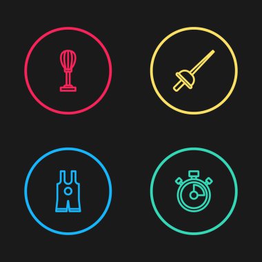 Sıralı Güreş atleti, Kronometre, Eskrim ve Kum Torbası ikonu. Vektör