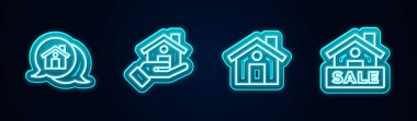 Emlakçı, emlakçı, satılık ev ve asma tabelası. Parlayan neon ikonu. Vektör