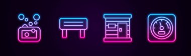Sıra dizilmiş sabun, sauna ahşap bank, ahşap hamam ve termometre. Parlayan neon ikonu. Vektör