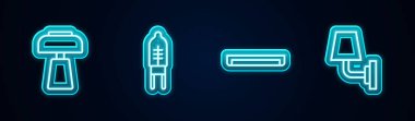 Masa lambası, ışık yayan diyot, flüoresan ve duvar lambasını ayarla. Parlayan neon ikonu. Vektör