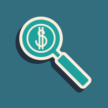 Yeşil arkaplanda yeşil büyüteç ve dolar sembolü izole edilmiş. Para bul. Para arıyorum. Uzun gölge tarzı. Vektör İllüstrasyonu.
