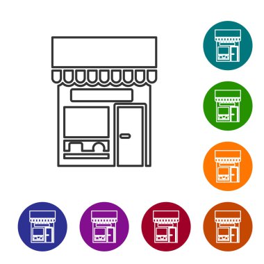 Siyah hat alışveriş binası ya da market simgesi beyaz arka planda izole edilmiş. Dükkan inşaatı. Simgeleri renk daire düğmelerine ayarla. Vektör İllüstrasyonu.
