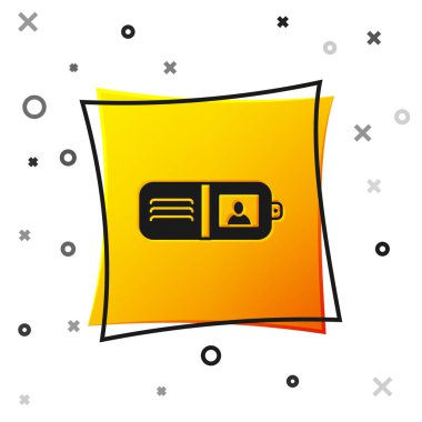 Beyaz arkaplanda siyah cüzdan simgesi izole edildi. Çanta ikonu. Nakit tasarruf sembolü. Sarı kare düğme. Vektör İllüstrasyonu.