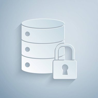 Kağıt kesme Sunucu güvenliği, gri arkaplanda kapalı asma kilit simgesi var. Güvenlik, güvenlik, koruma kavramı. Kağıt sanatı tarzı. Vektör İllüstrasyonu.