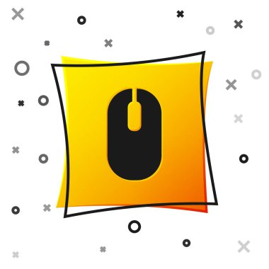 Siyah Bilgisayar fare simgesi beyaz arkaplanda izole edildi. Tekerlek sembollü optik. Sarı kare düğme. Vektör.