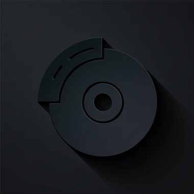 Kağıt kesiği, siyah arka planda izole edilmiş kalibre simgesi olan araba fren diski. Kağıt sanatı tarzı. Vektör.