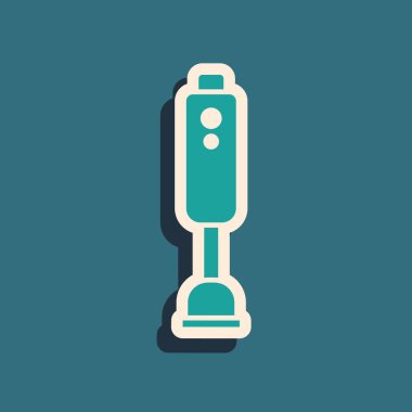 Yeşil blender simgesi yeşil arkaplanda izole edildi. Mutfak elektrikli kırıcı ve kase. Meyve suyu, kokteyl ya da meyve suyu. Uzun gölge tarzı. Vektör.