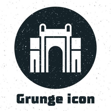 Yeni Delhi 'deki Grunge Hindistan Kapısı, beyaz arka planda izole edilmiş Hindistan simgesi. Hindistan 'ın Mumbai kapısı. Tek renkli klasik çizim. Vektör.