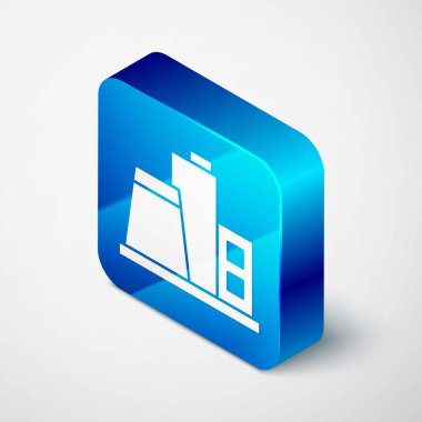 Isometric Fabrika simgesi gri arkaplanda izole edildi. Endüstriyel bina. Mavi kare düğme. Vektör.