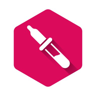 Beyaz Pipette simgesi uzun gölgeli izole edilmiş. Tıbbi elementler, kimya laboratuarı ekipmanları. Tıp sembolü. Pembe altıgen düğmesi. Vektör.